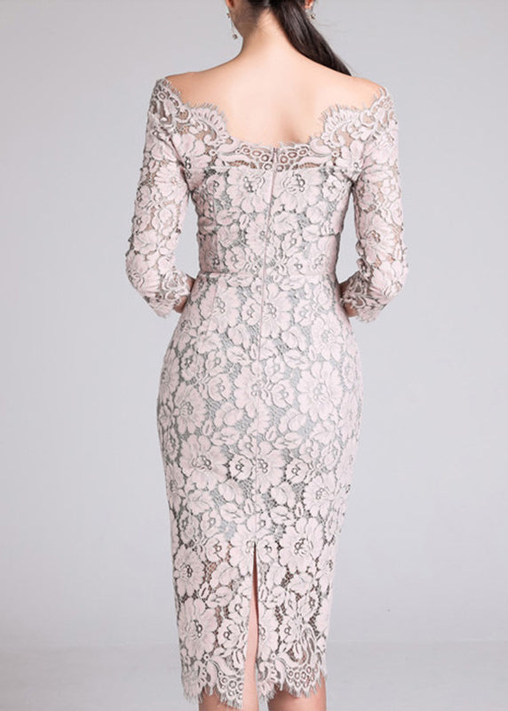 Beige Slash Neck Lace Slim Fit Dresses Spring