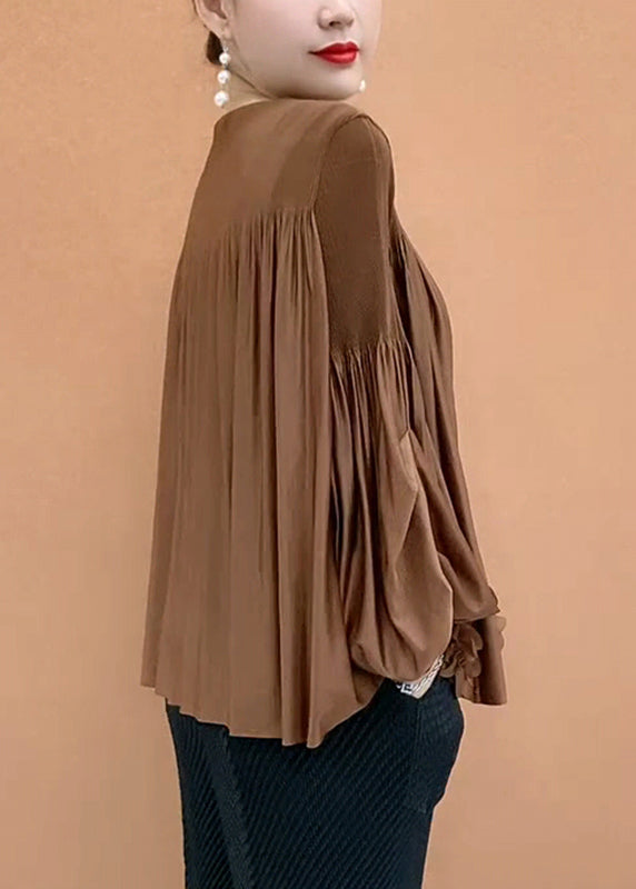 Loose Coffee O-neck Patchwork T Shirt Lantern Sleeve