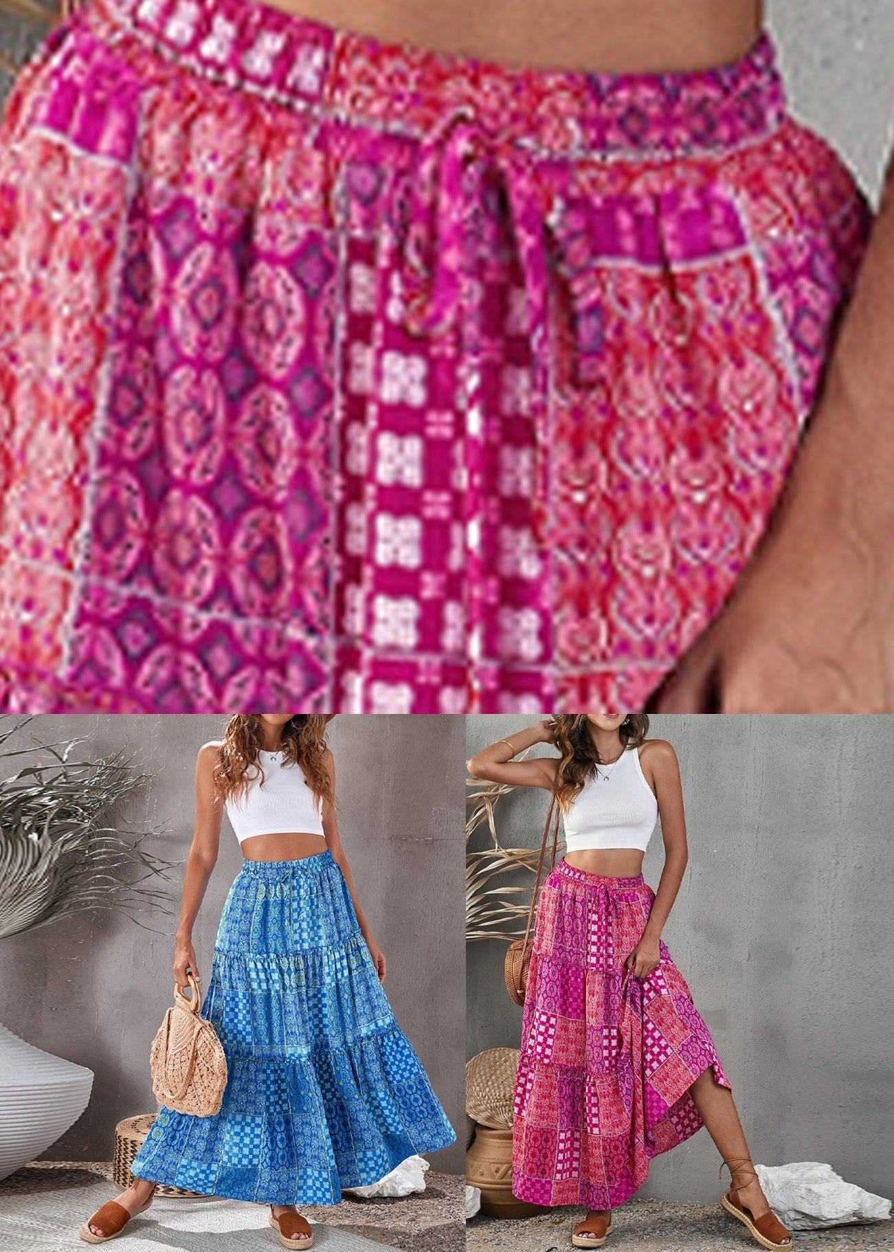 Purple Print Ruffled Patchwork a Line Skirt