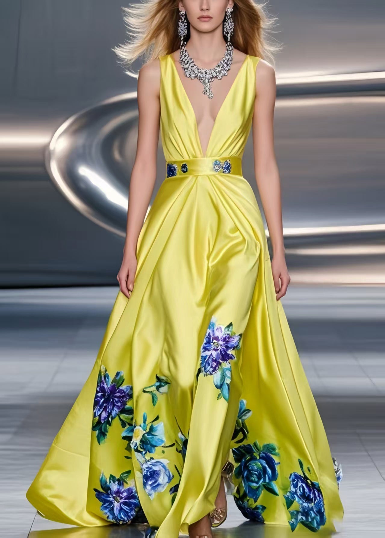Fine Yellow Print Exra Large Hem Silk Party Dress Summer