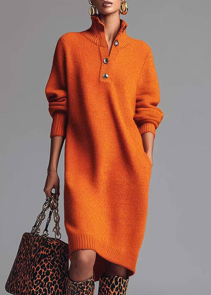 Yellow Hign Neck Button Knit Sweater Dress Winter