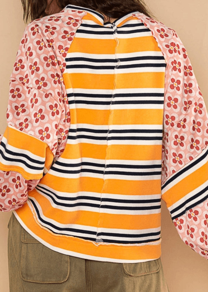 Stylish Yellow O Neck Striped Print Patchwork Cotton Top Lantern Sleeve