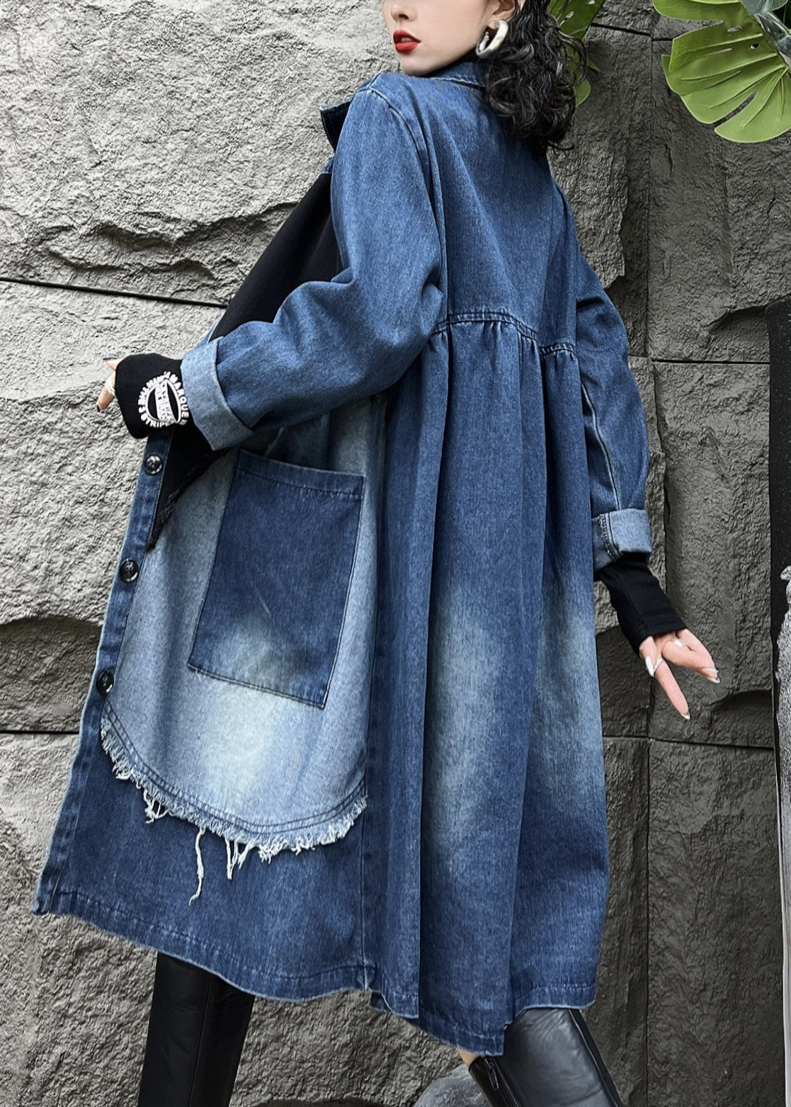 Blue Peter Pan Collar Button Pockets Denim Long Trench Coats Fall