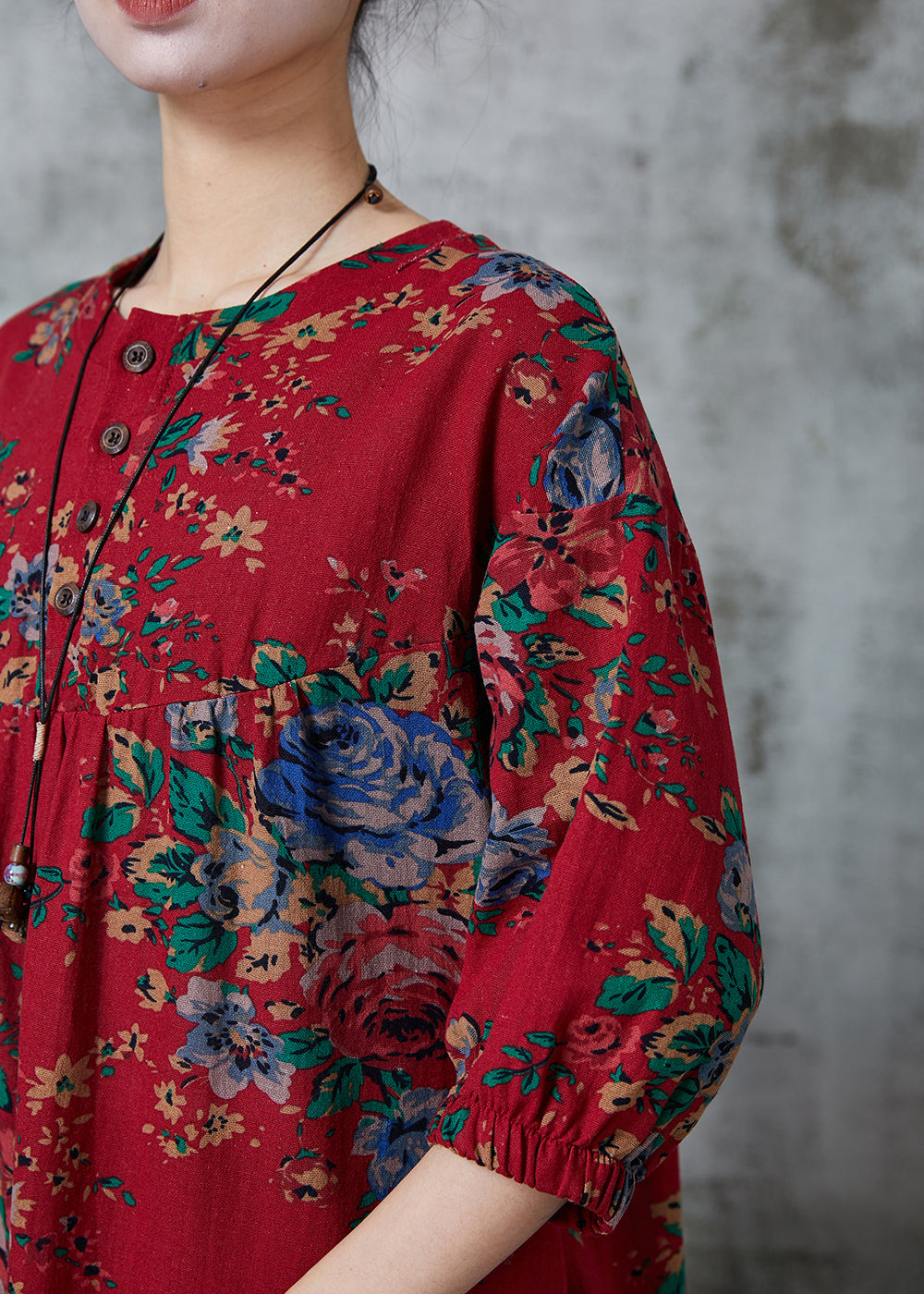 Red Oversized Print Cotton Long Dress Summer