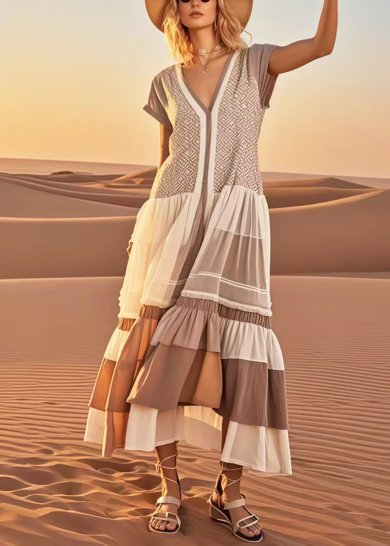Khaki Print Patchwork Cotton Vacation Dresses Summer