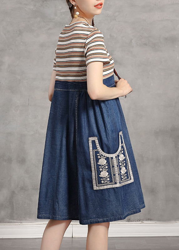 Blue O-neck Striped Knit Patchwork Denim Mid Dress Short Sleeve