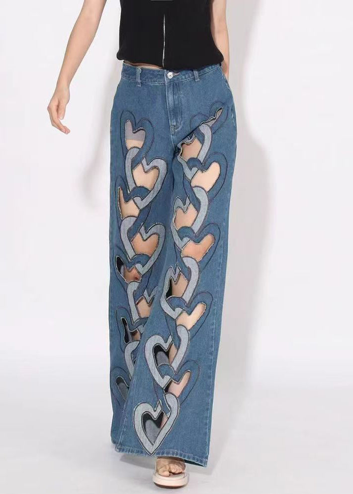 Blue Hollow Out High Waist Denim Pants Spring