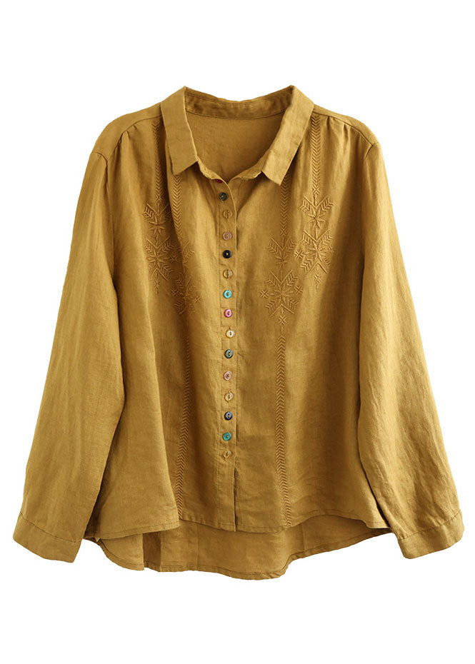 Simple Yellow Peter Pan Collar Embroidered Linen Shirt Spring