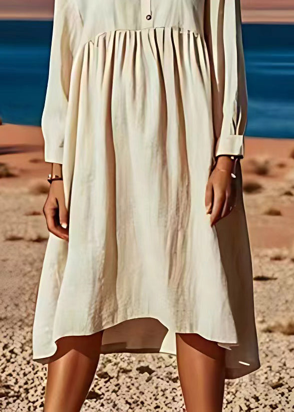 Beige V Neck Wrinkled Patchwork Linen Dresses Long Sleeve