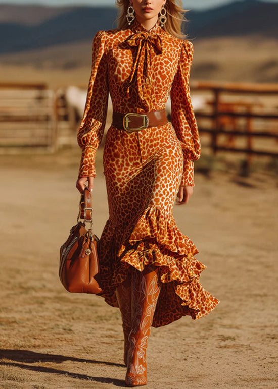 Orange Leopard Ruffled Patchwork Cotton Dresses Fall