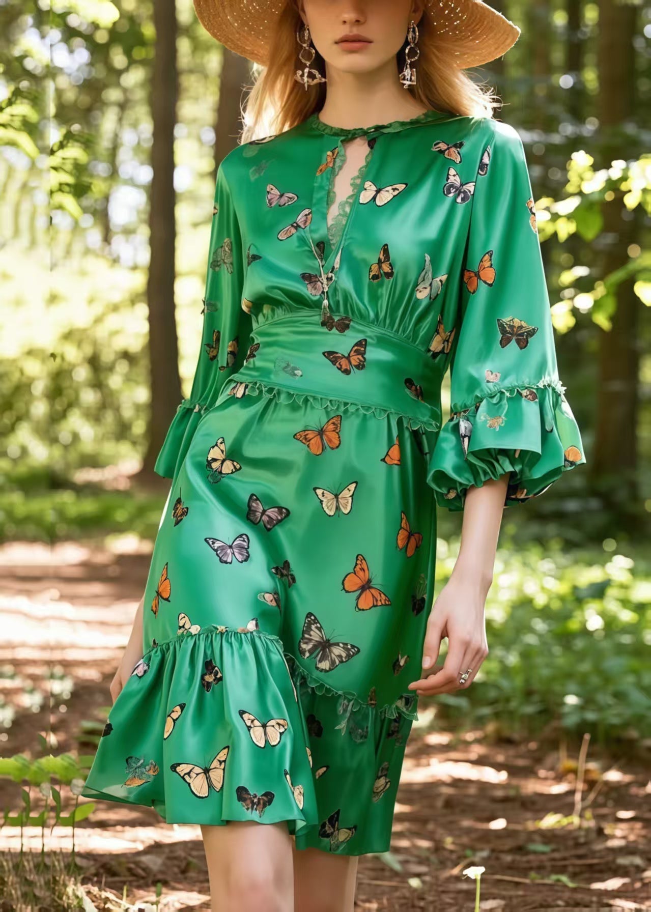 Tea Green Butterfly Silk Day Dress Lantern Sleeve