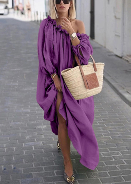 Boutique Khaki Ruffled Cold Shoulder Loose Cotton Long Dresses Spring