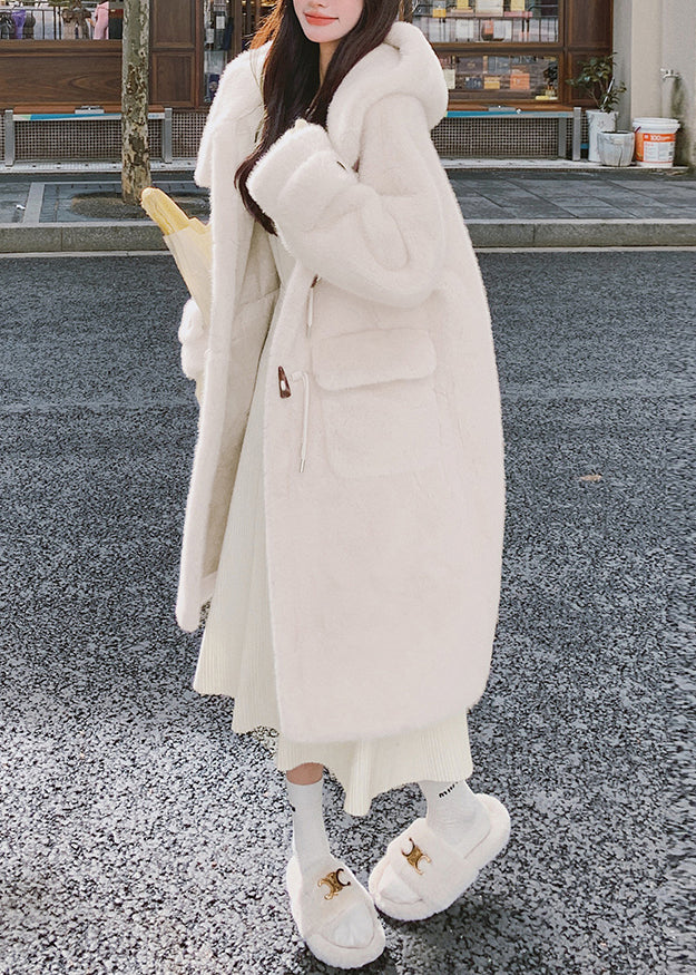 White Hooded Pockets Mink Velvet Coats Spring