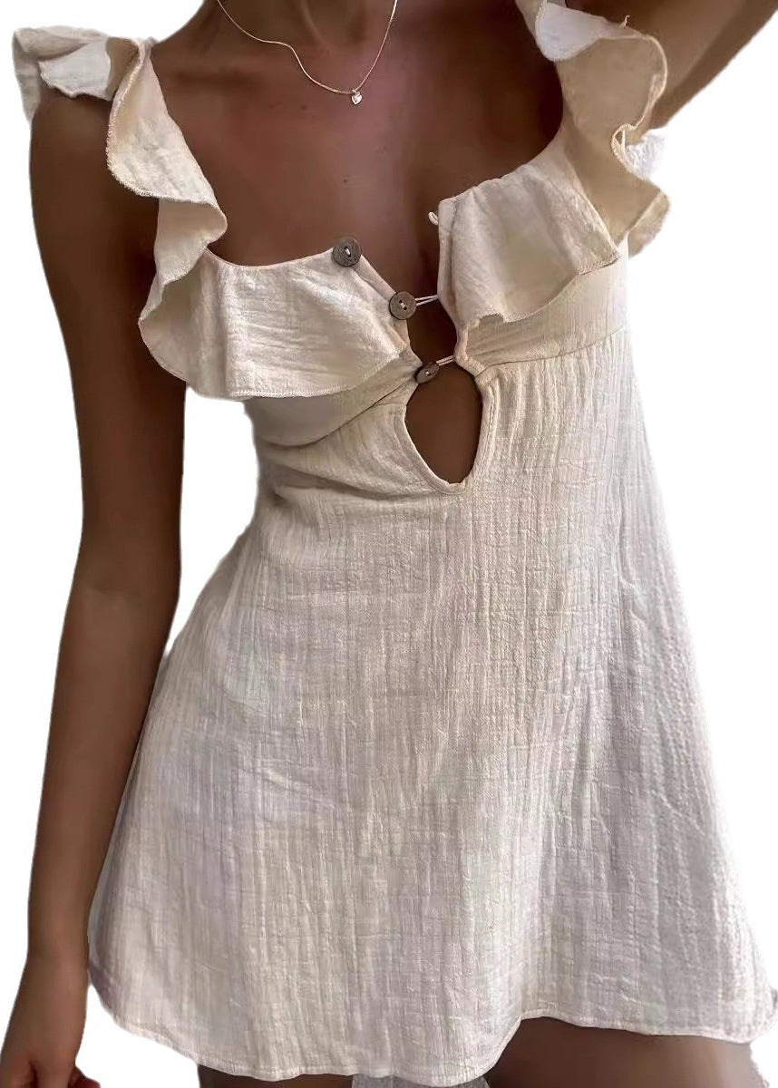 New Apricot Ruffle Hollow Out Mid Dress Summer