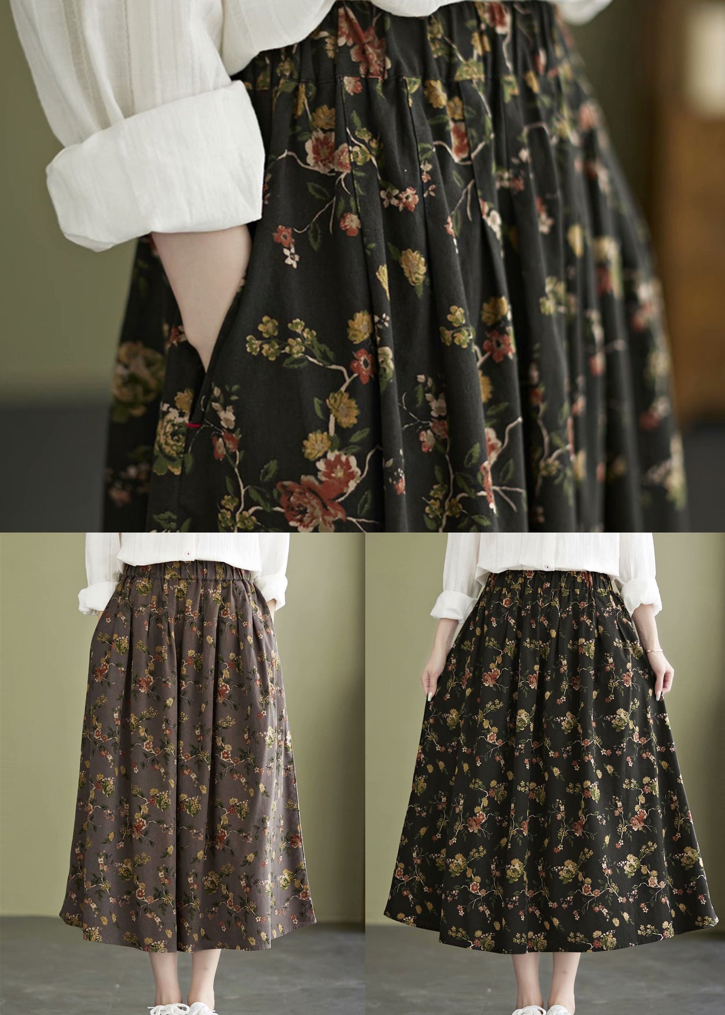 Black Print Cotton a Line Skirt Exra Large Hem Pockets Fall