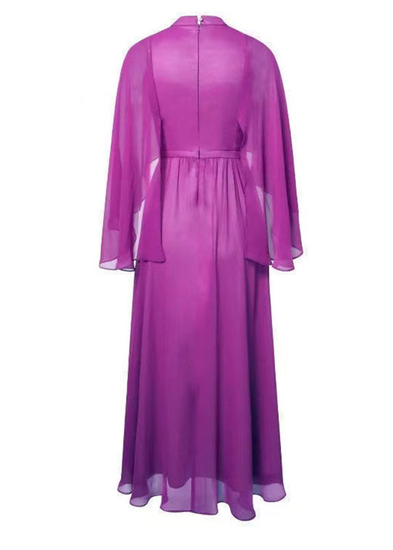 Purple Turtleneck High Waist Chiffon Long Dresses Three Quarter Sleeve