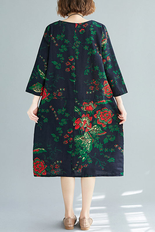 - Loose Long Sleeve Printed Cotton Linen Dress