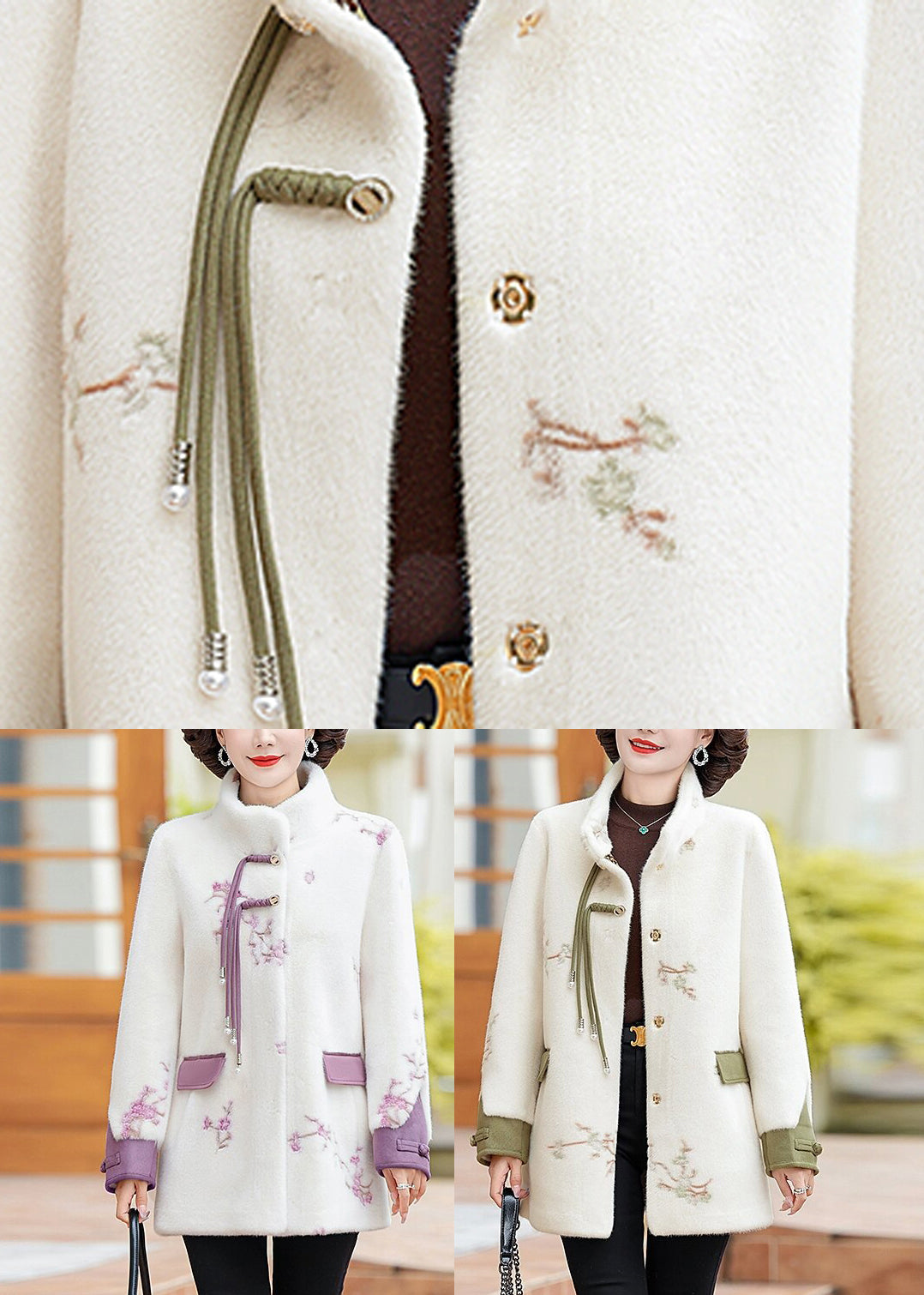 Green Pockets Print Mink Velvet Coats Long Sleeve