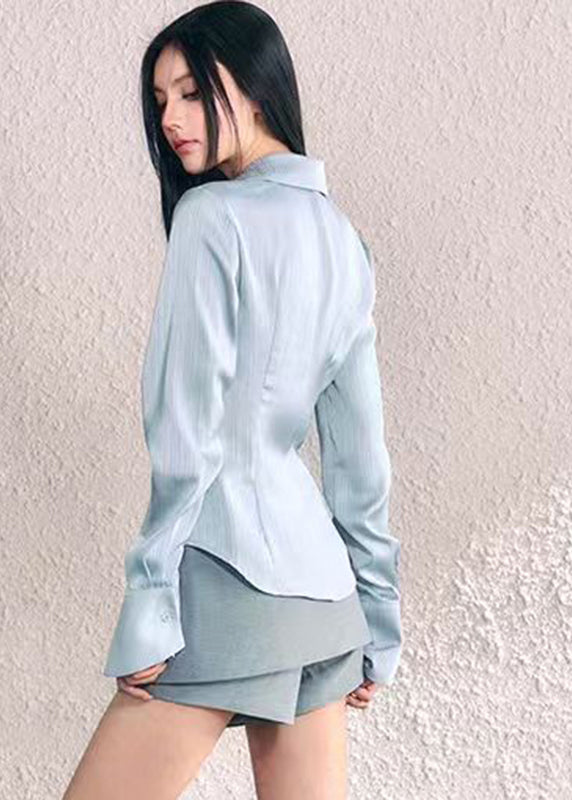Blue Peter Pan Collar Button Silk Shirt Fall