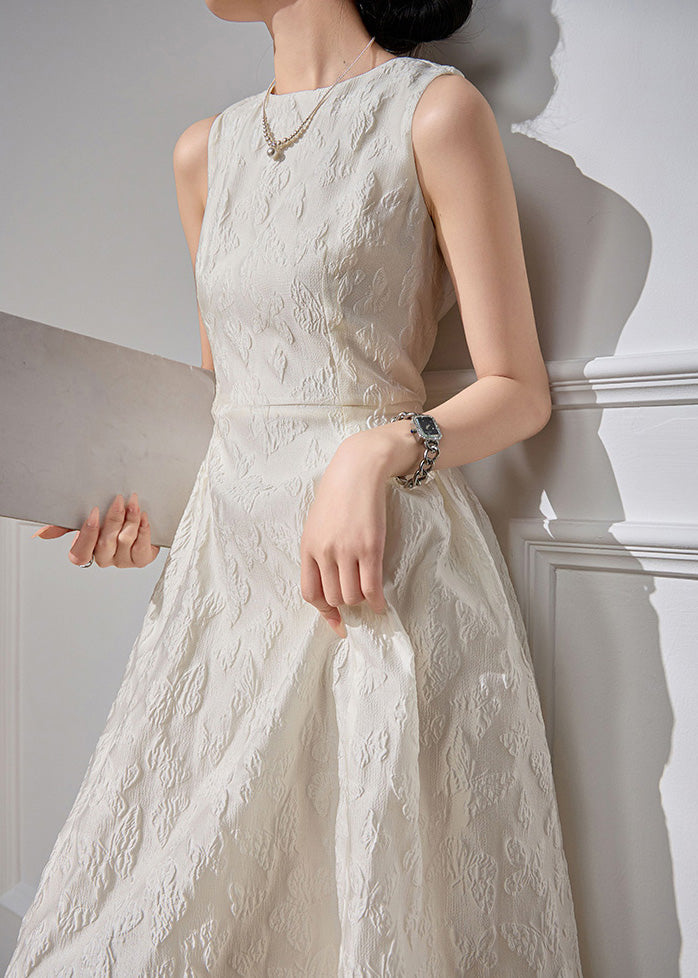 Jacquard White O-neck High Waist Cotton Long Dresses Sleeveless