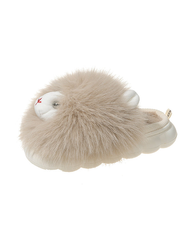 Beige Slippers Shoes Fuzzy Fur Splicing