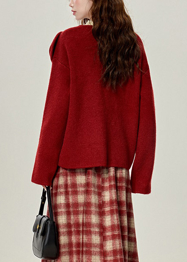 Red O Neck Versatile Knit Sweaters Spring