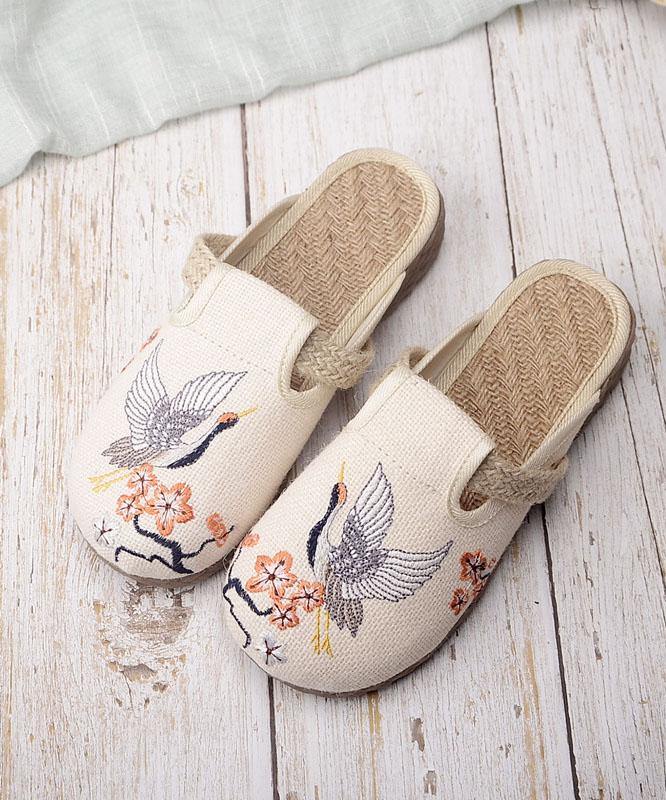 Khaki Embroidered Linen Fabric Slippers Shoes