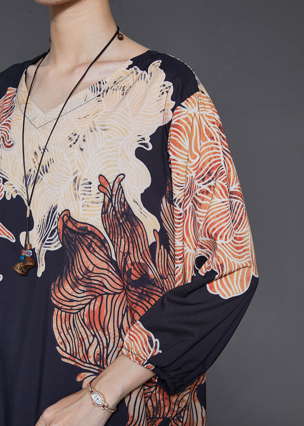 Black Oversized Print Silk Dress Summer