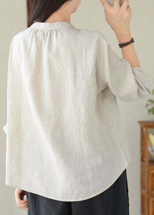 Linen Stand Collar Lace Up Cotton Shirt Top Spring