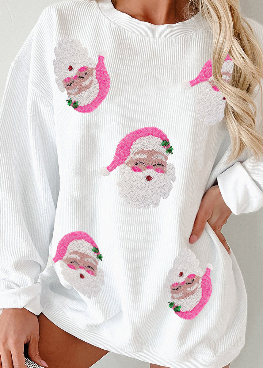Stylish White O Neck Christmas Print Cotton Sweatshirt Winter