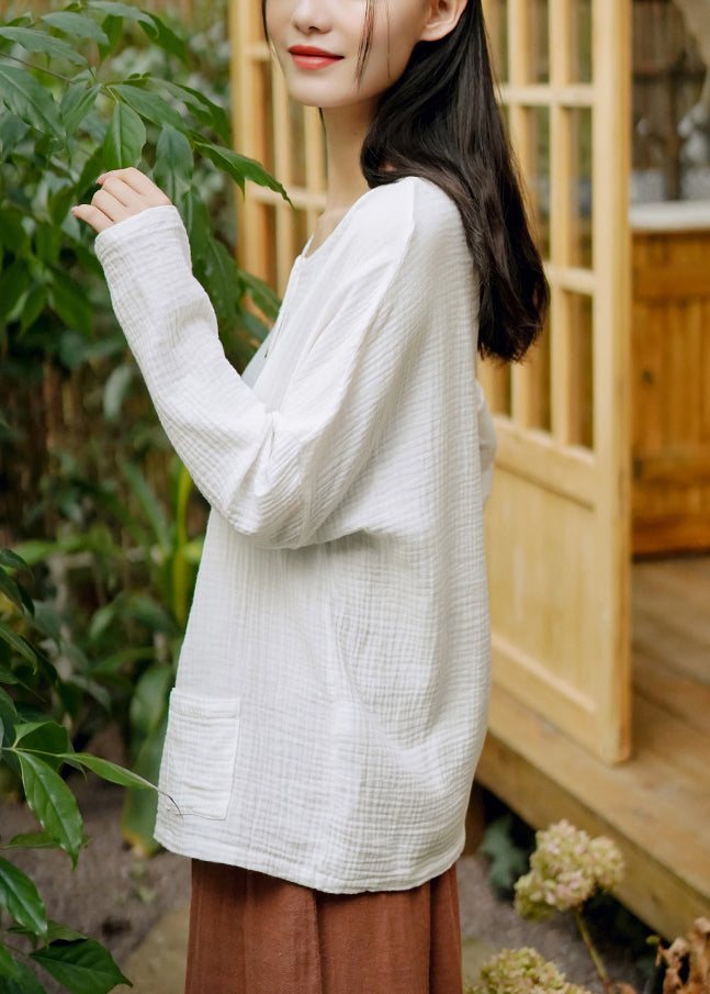 Handmade White O Neck Button Pockets Cotton Shirt Tops Spring