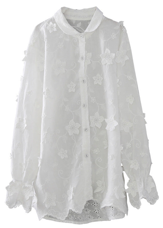 French White Peter Pan Collar Embroidered Button Cotton Shirts Long Sleeve