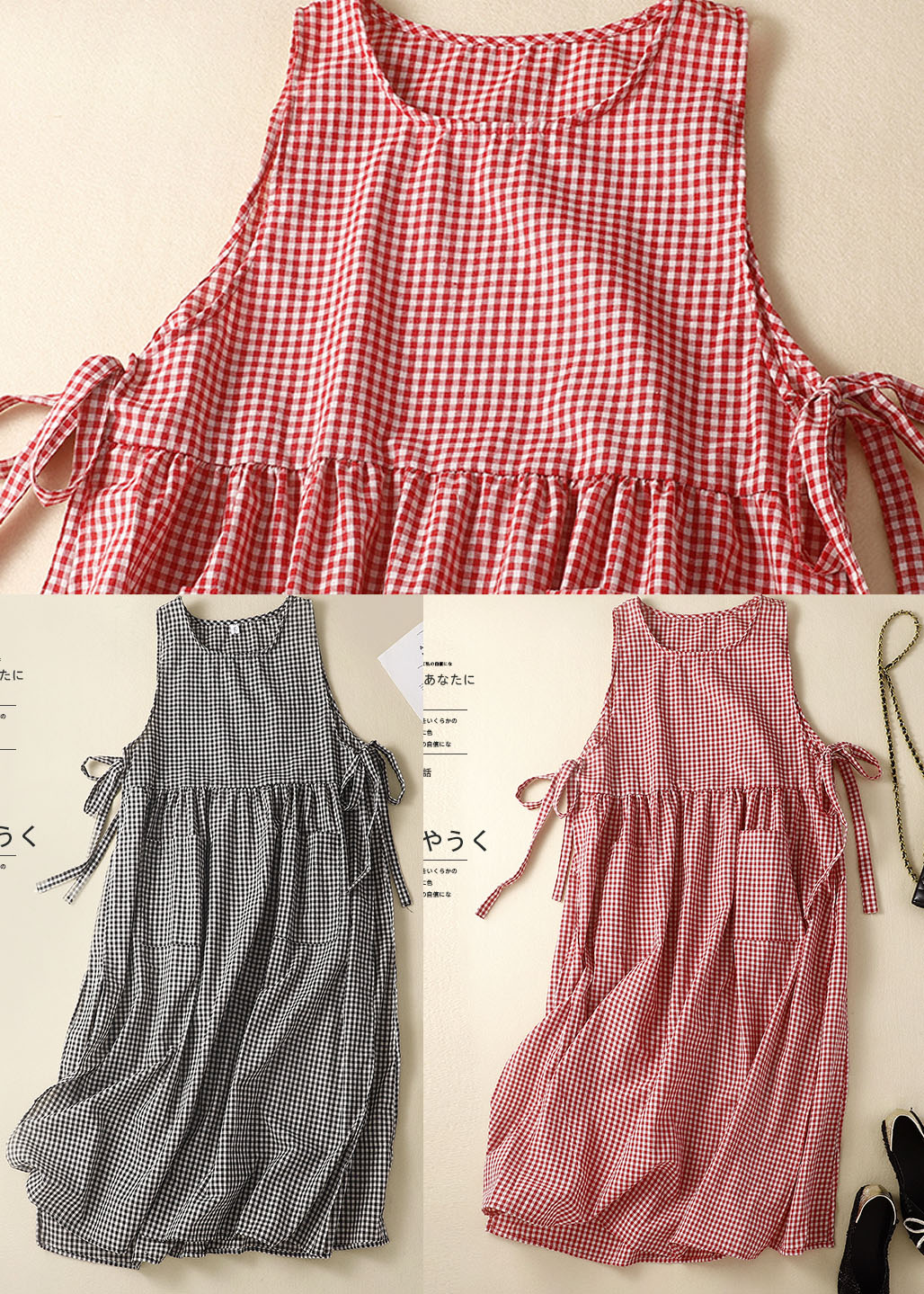Black Plaid Linen Party Dress O-neck Lace Up Wrinkled Sleeveless