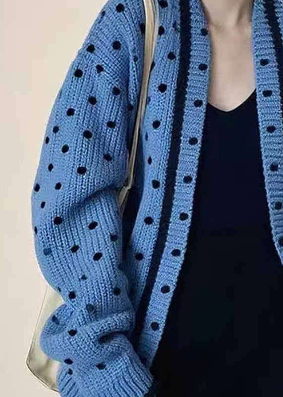 Blue V Neck Dot Knitted Cotton Cardigans Fall