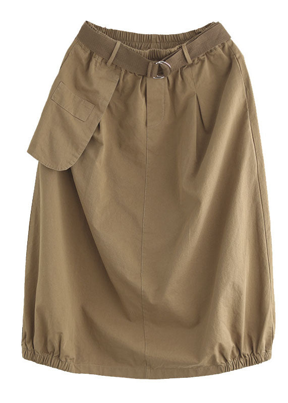 Khaki Elastic Waist Asymmetrical Pockets Cotton Skirts Summer
