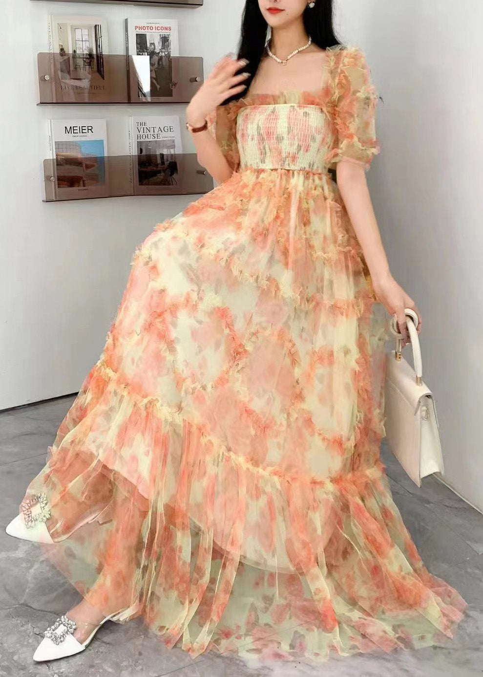 Blue Square Collar Ruffled Print Tulle Long Dress Summer