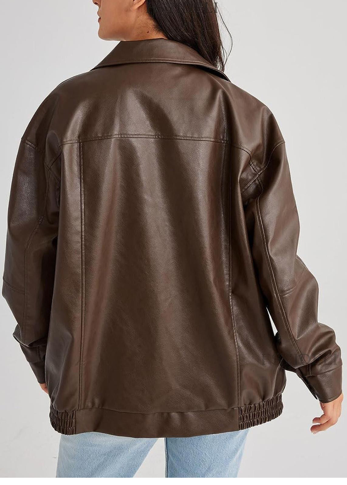 Coffee Peter Pan Collar Zippered Faux Leather Jackets Fall