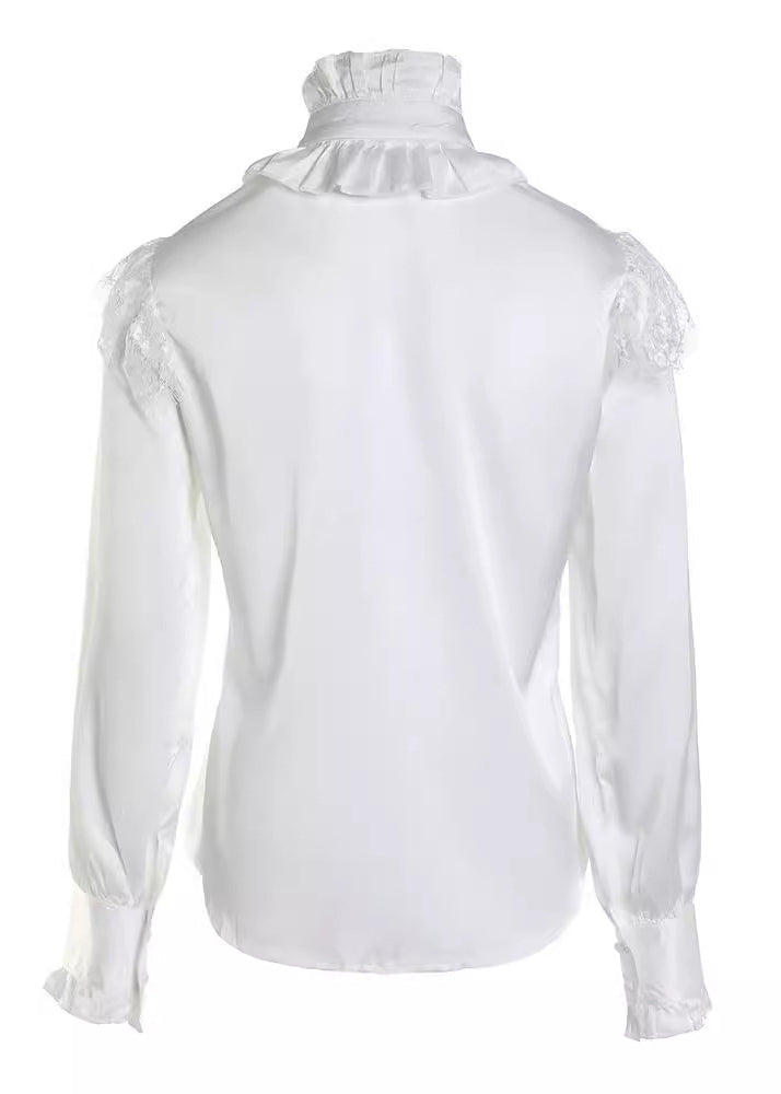 French White Ruffled Lace Tulle Patchwork Chiffon Tops Spring