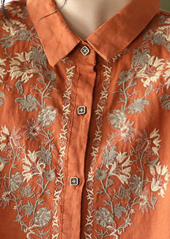 Orange Button Peter Pan Collar Embroidered Linen Blouses Spring