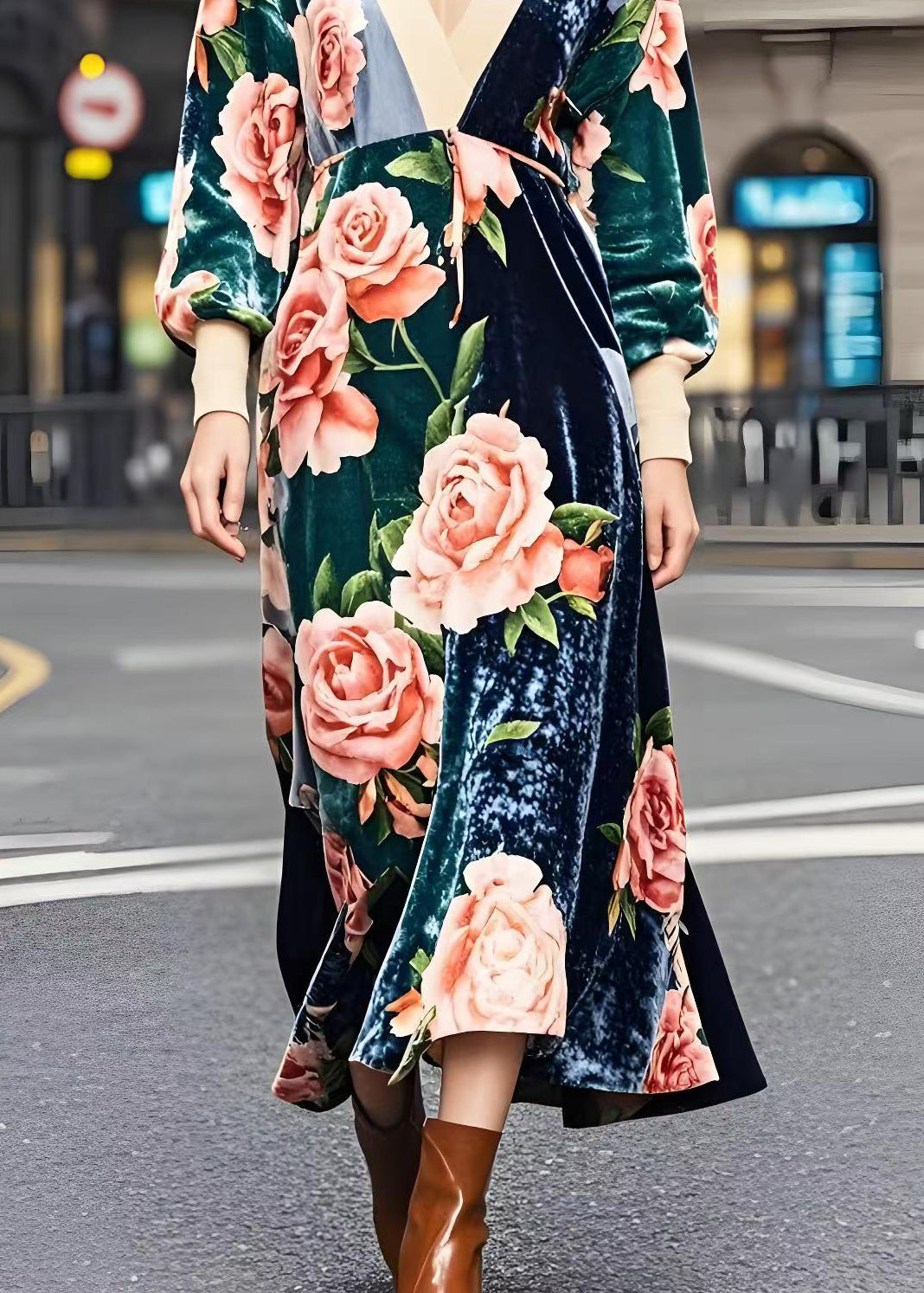 Colorblock V Neck Patchwork Print Silk Velvet Dresses Fall