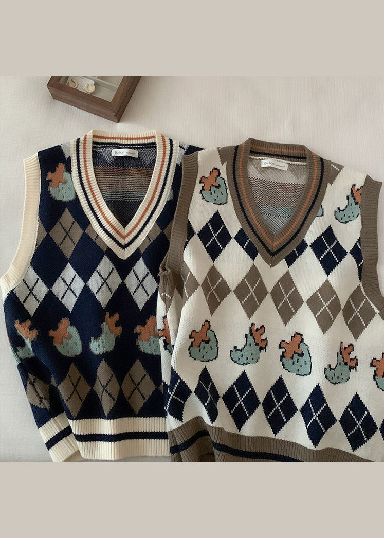 Italian Apricot V Neck Jacquard Knit Vest Tops Sleeveless