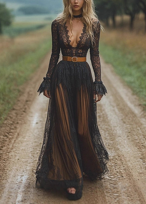 Slim Fit Black V Neck Hollow Out Lace Long Dress Spring