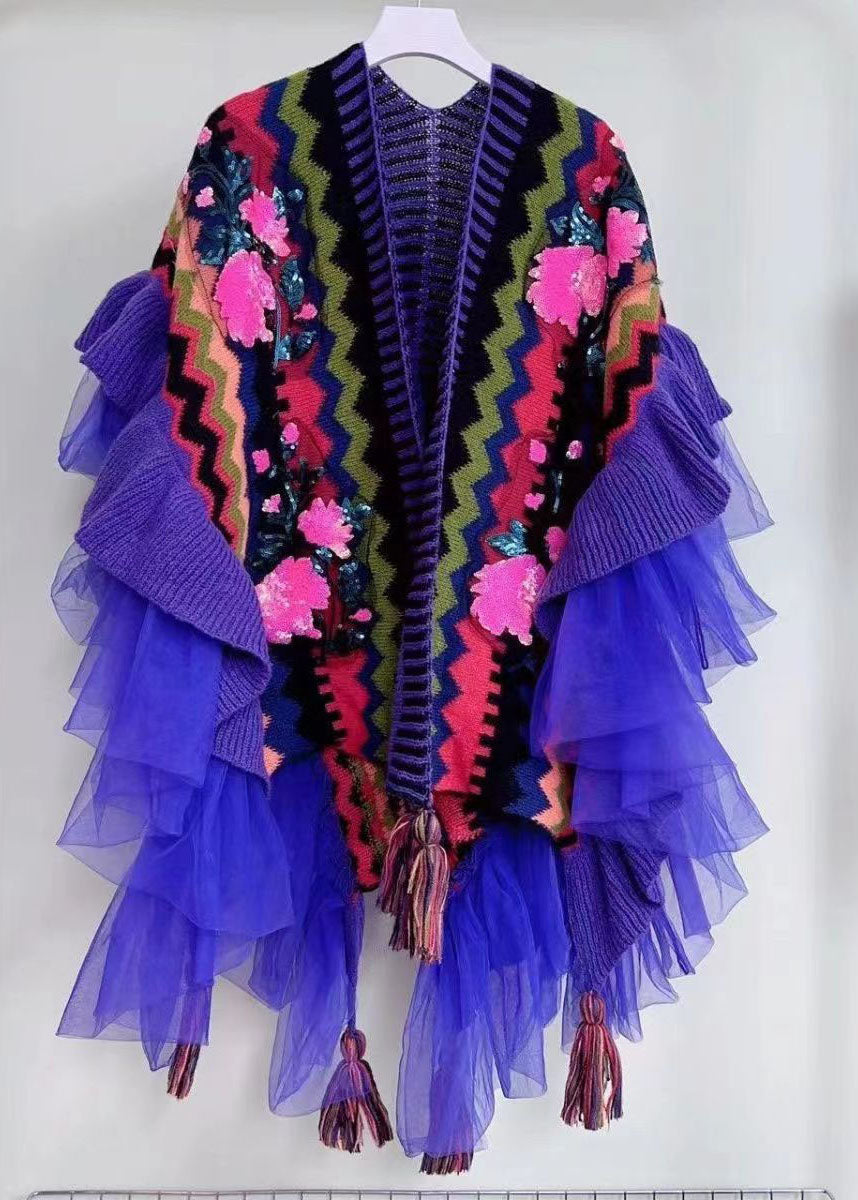 Purple V Neck Tulle Patchwork Embroideried Knit Cape Long Sleeve