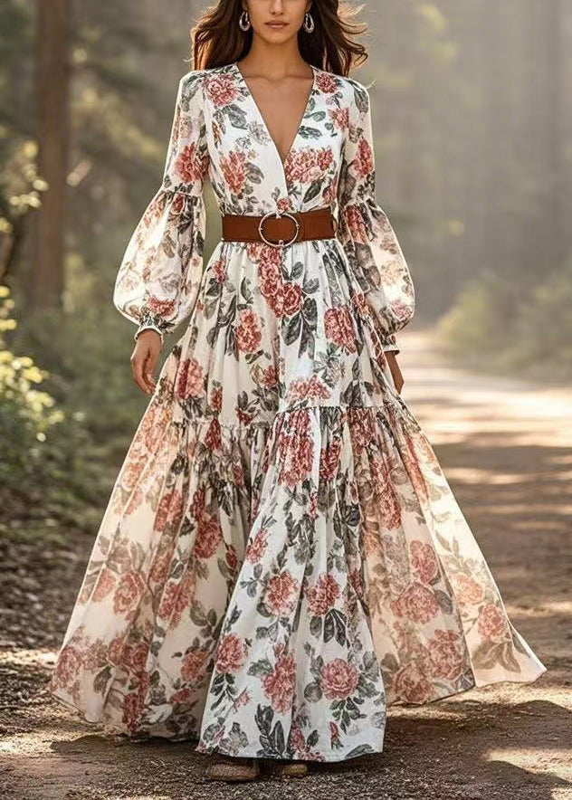Style Print Exra Large Hem Cotton Party Dress Lantern Sleeve