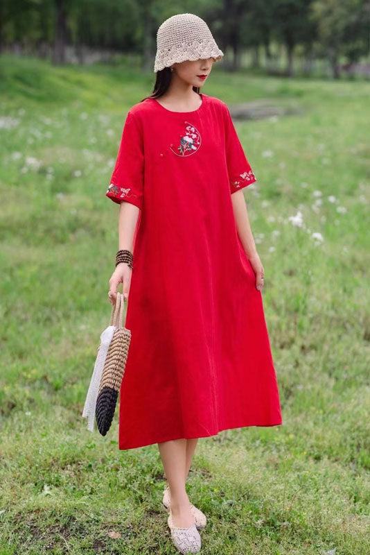 Summer Round Neck Cotton Linen Dress Print Short Sleeve Long Dress
