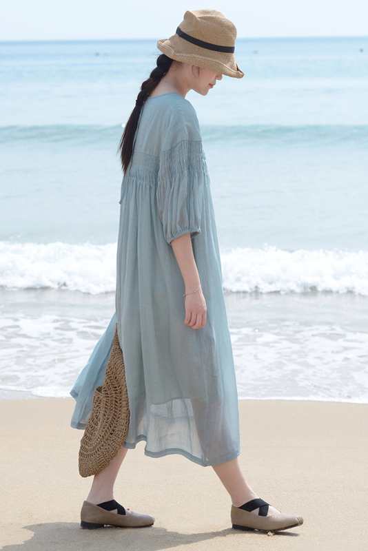 Summer Pleated Cotton Linen Dress Loose Puff Sleeve Long Dress