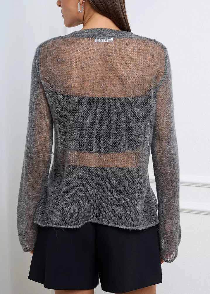 European and American Grey Hollow Out Wool Knitted Top Spring and Summer