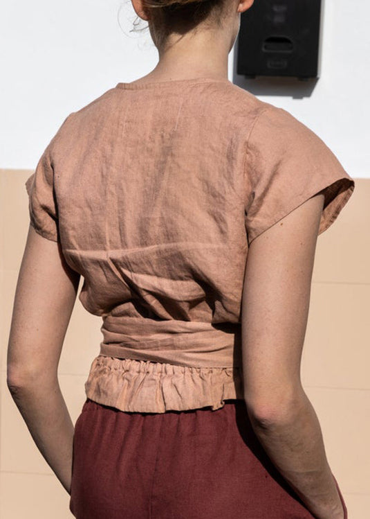 Modern Pink V Neck Lace Up Linen T Shirt Top Summer