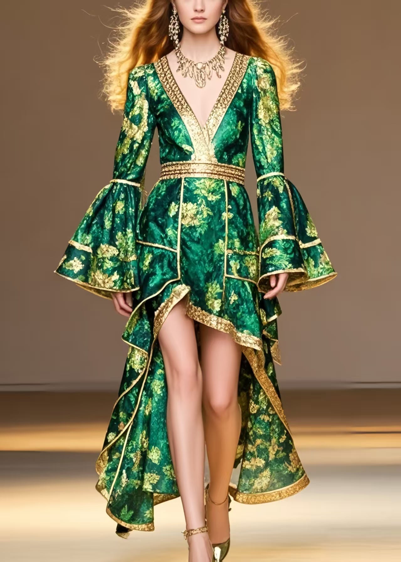 Style Tea Green Print Low High Design Spandex Party Dress Flare Sleeve