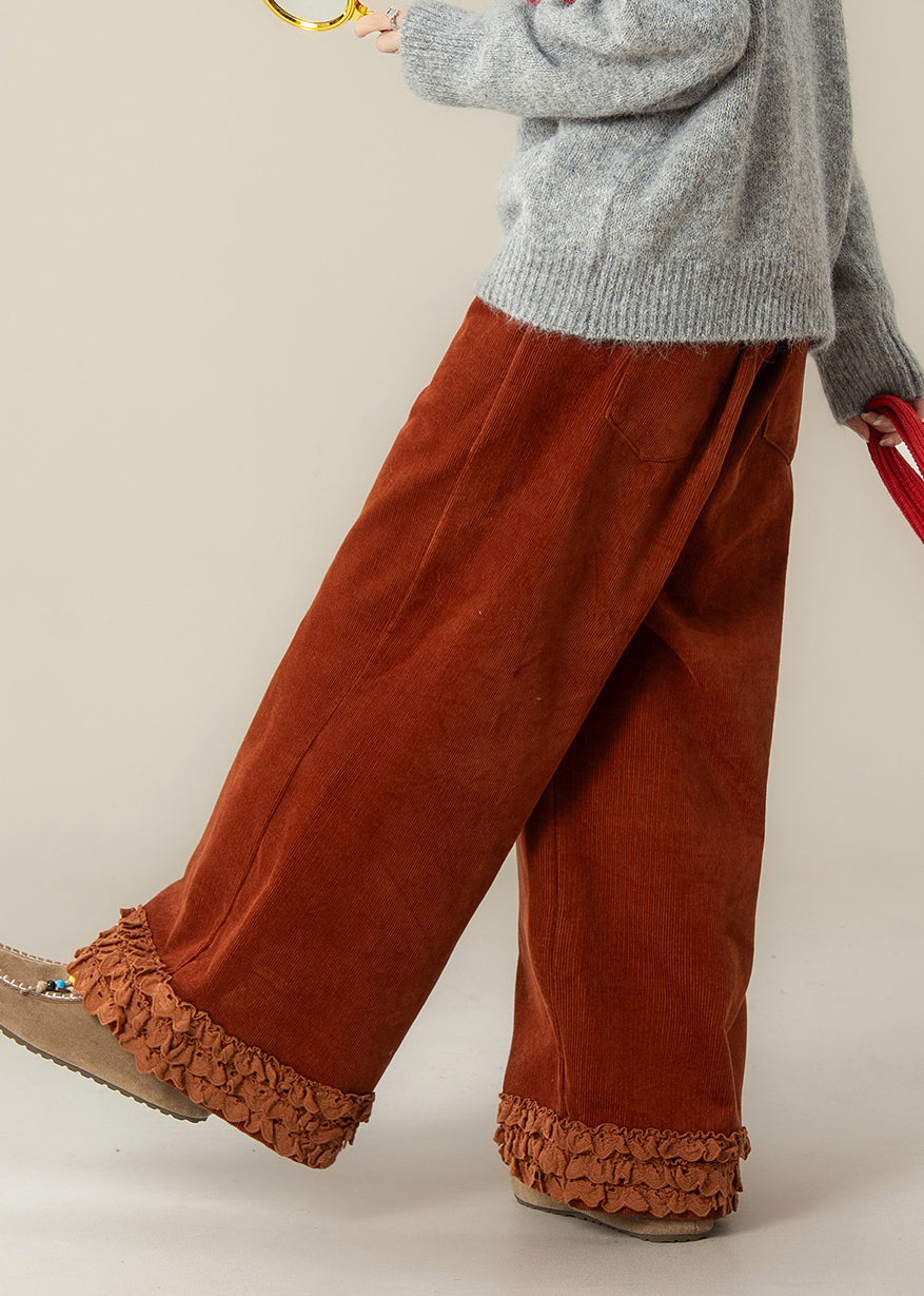 Brick Red Ruffled Oversized Corduroy Straight Pants Spring